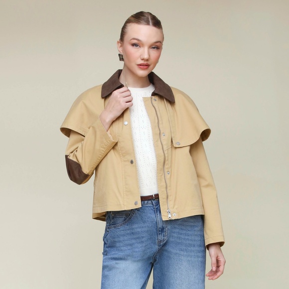Last Chance! New Avec Les Filles Cotton Cape Faux Leather Trim Jacket Khaki - Picture 3 of 7